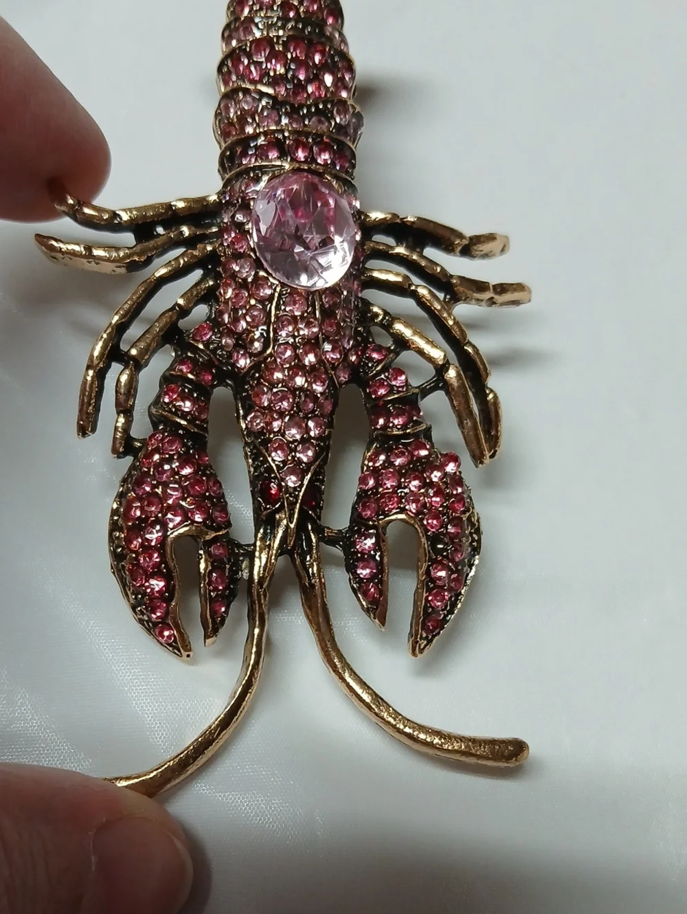Large Lobster Brooch Pin Goldtone Metal Encrusted w/ Pink Crystals RARE Jewelry